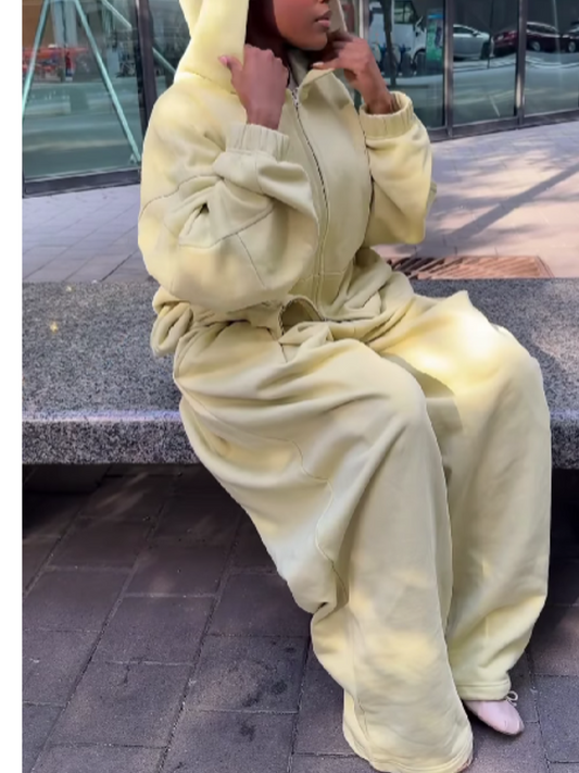 Hooded Solid Color Zipper Suit