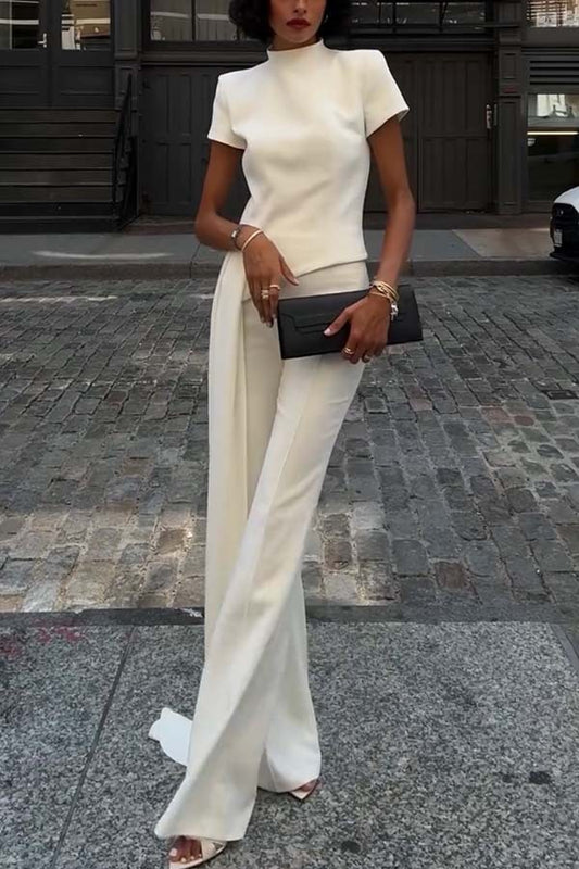 Asymmetrical High-Neck Top With Drapey Pants Set