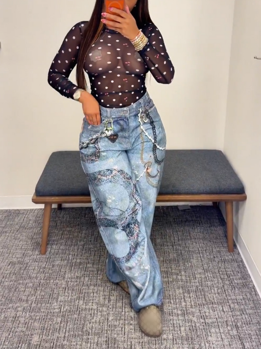 Retro Print Barrel Leg Jeans