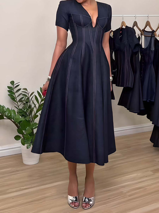 Lace Up V Neck Denim Midi Dress