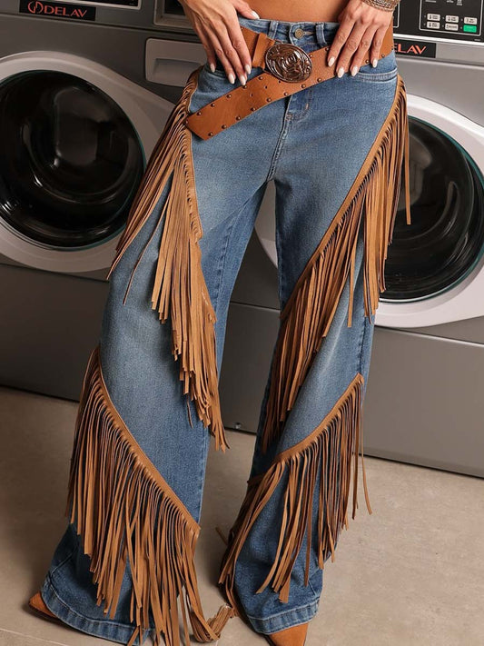 Suede Fringed Denim Trousers