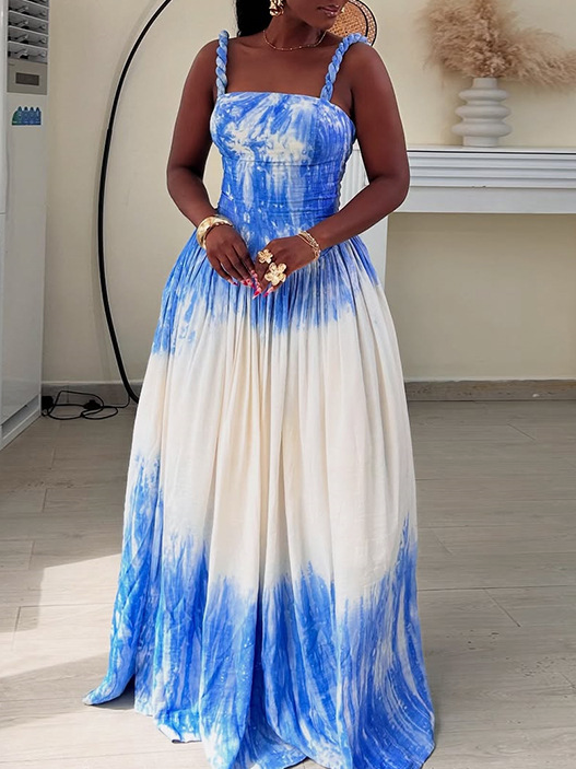 Square Neck Printed Sleeveless Halter Dress