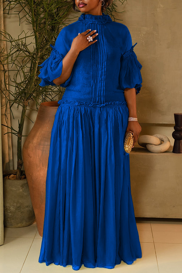 Green Ruffled 3/4 Sleeves Elegant Maxi Dress
