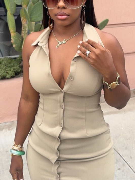 Deep V Neck Button Front Sleeveless Midi Dress