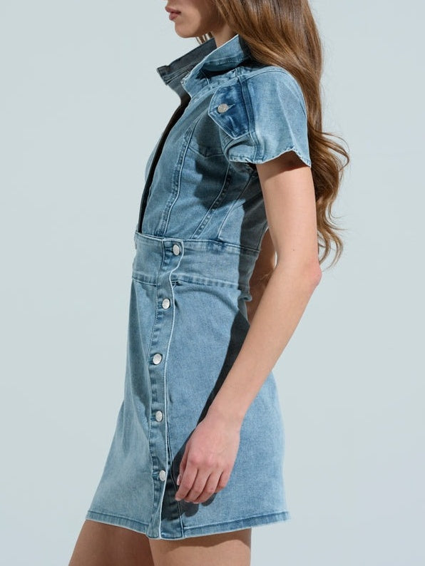 Pointed Collar Button Denim Mini Dress