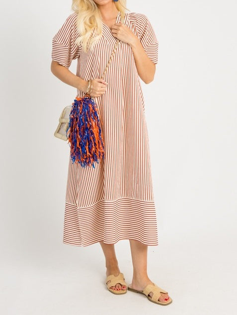 V-neck Lantern Short-sleeved Striped Loose Dress
