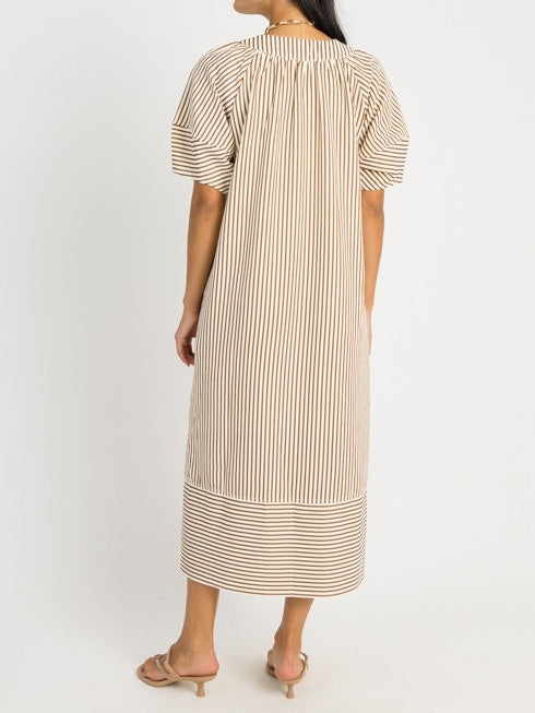 V-neck Lantern Short-sleeved Striped Loose Dress