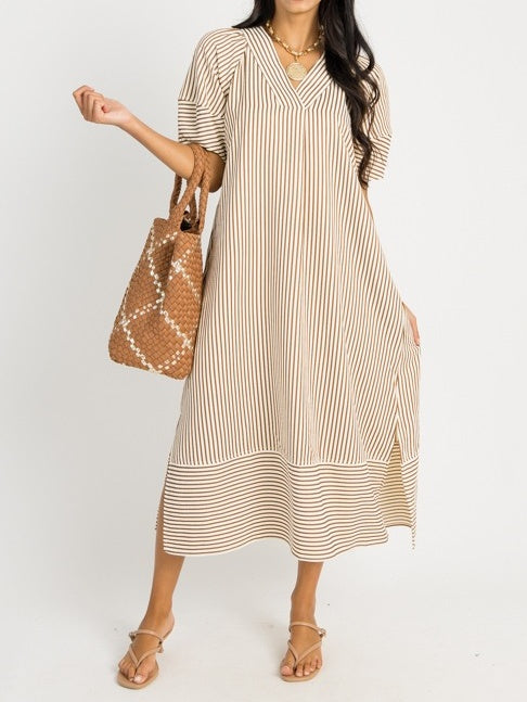 V-neck Lantern Short-sleeved Striped Loose Dress