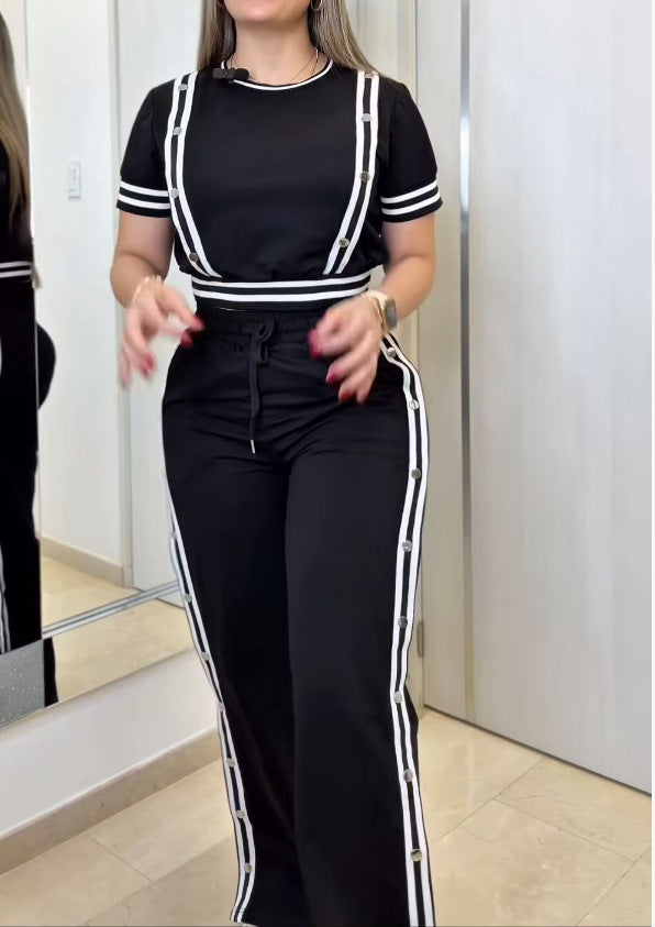 Fashion Buttoned Wide-leg Trousers Two-piece Set