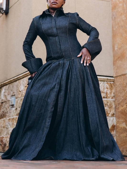 Pleated Flared Denim Dress