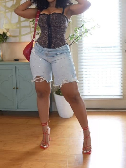 Rhinestone Application Baggy Denim Shorts