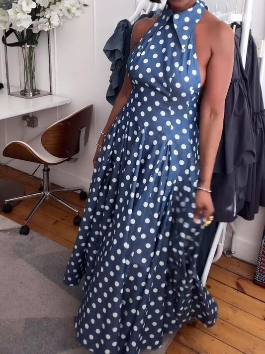 Polka Dot Denim Backless Midi Dress