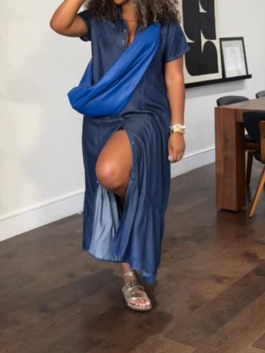 Womens Casual Loose Fit Button Down Denim Maxi Dress