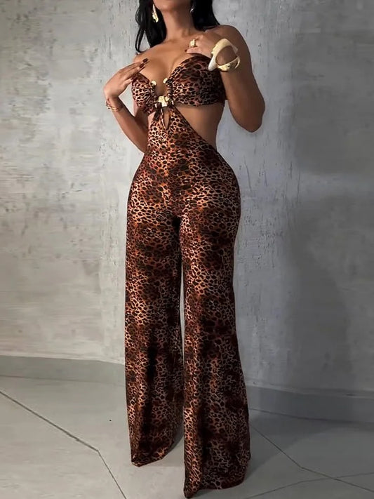 Sleeveless Cut-out Leopard Print Jumpsuit
