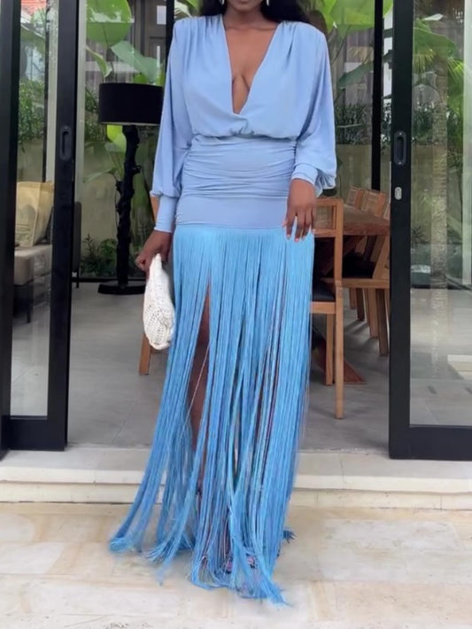 V-neck Long-sleeved Fringe Dress