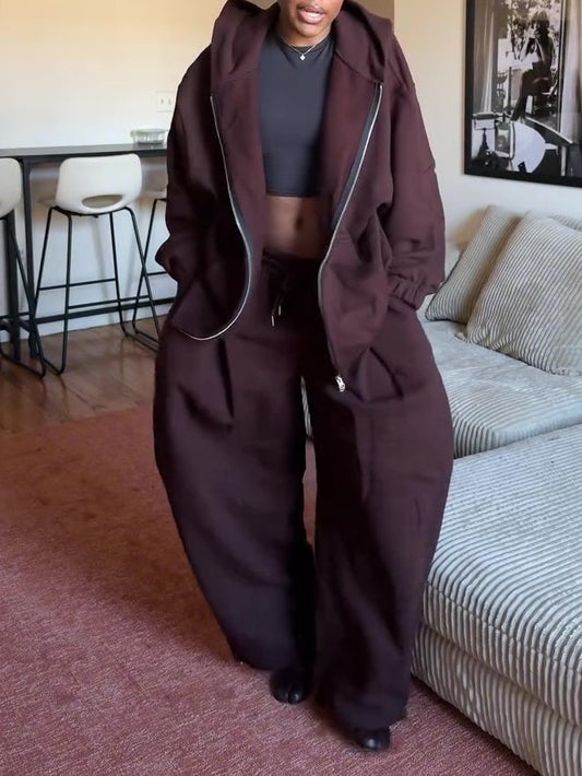Casual Hooded Sweatshirt Wide Leg Pants Set