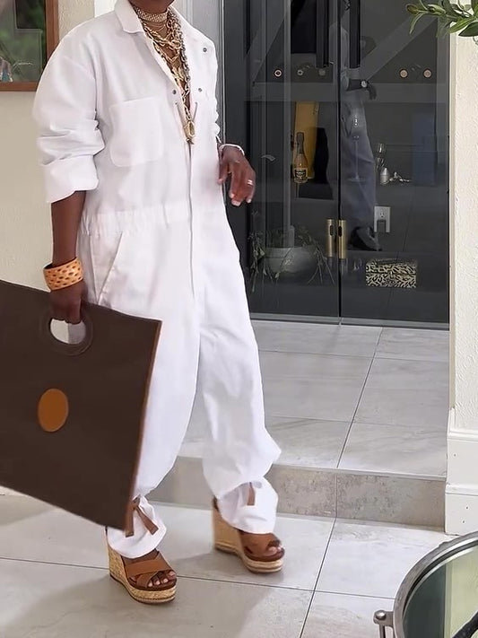 White Lapel Collar Cargo Jumpsuit