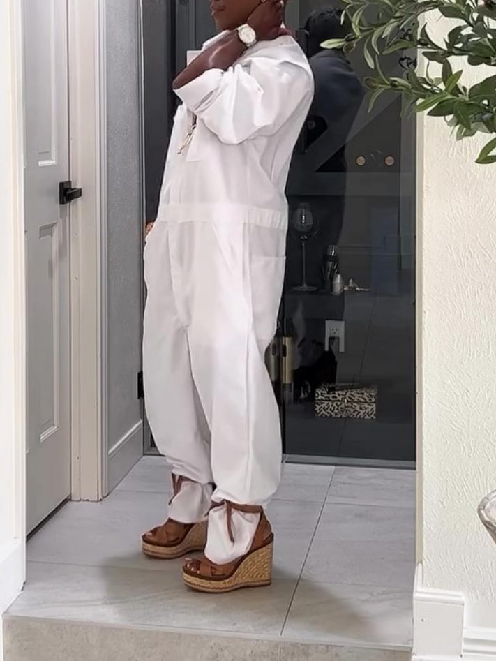 White Lapel Collar Cargo Jumpsuit