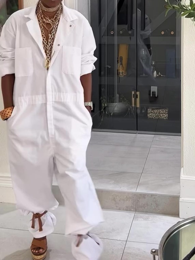 White Lapel Collar Cargo Jumpsuit