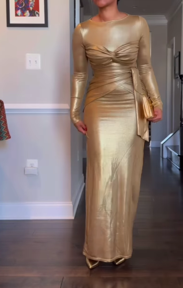 Gold Pleated Slim Dress