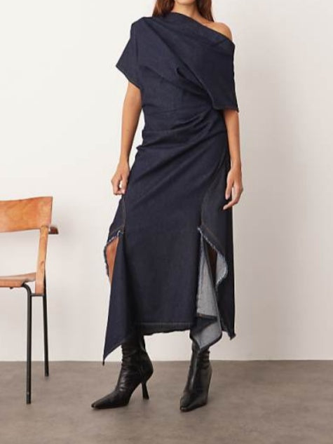 Side Slit Off-the-shoulder Denim Maxi Dress