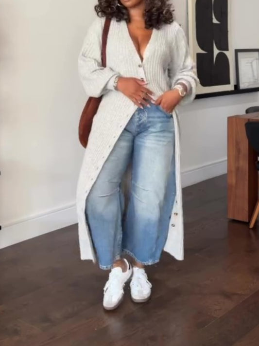 V Neck Button Down Chunky Knit Sweater Coat