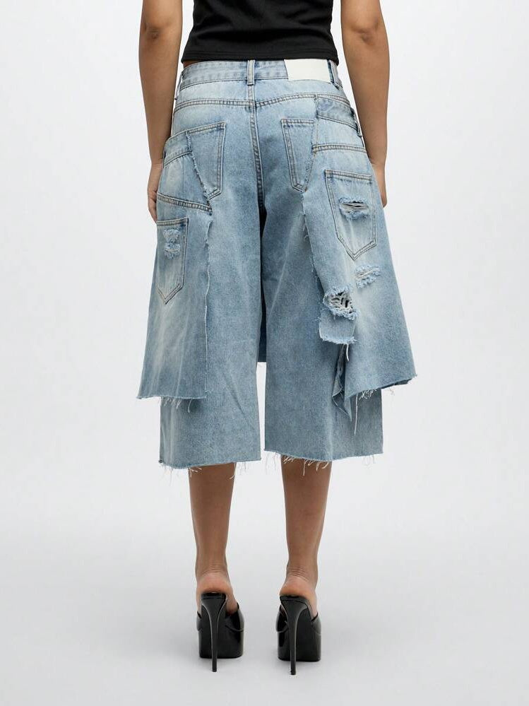 Double Waistband Distressed Wide Leg Denim Shorts