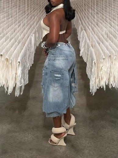 Double Waistband Distressed Wide Leg Denim Shorts