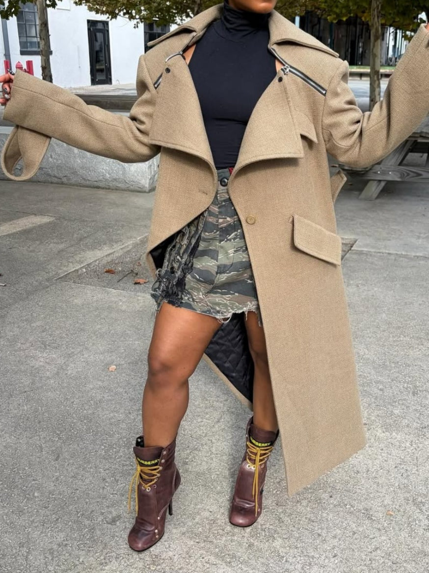 Wide-lapel Asymmetrical Long Coat