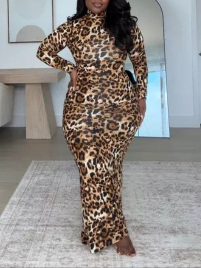 Turtleneck Bodycon Leopard Maxi Dress