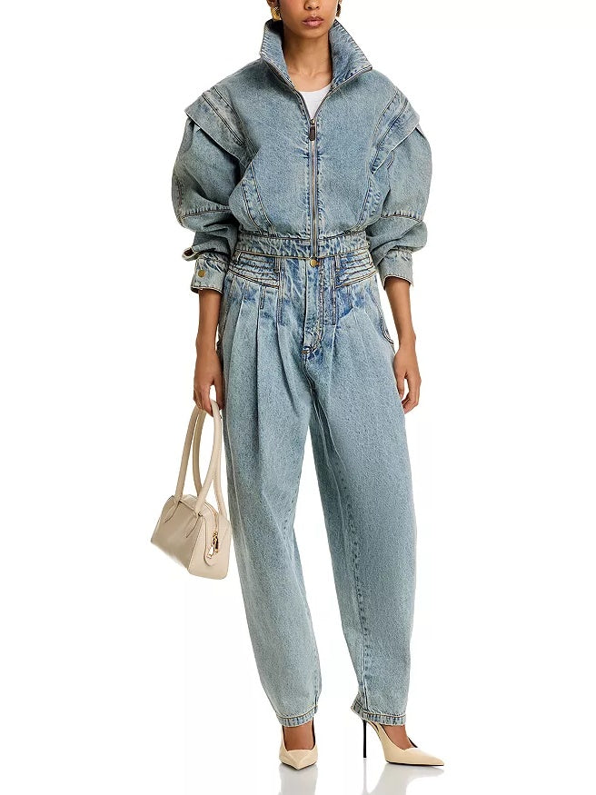 Stand Collar Zip-up Denim Jacket