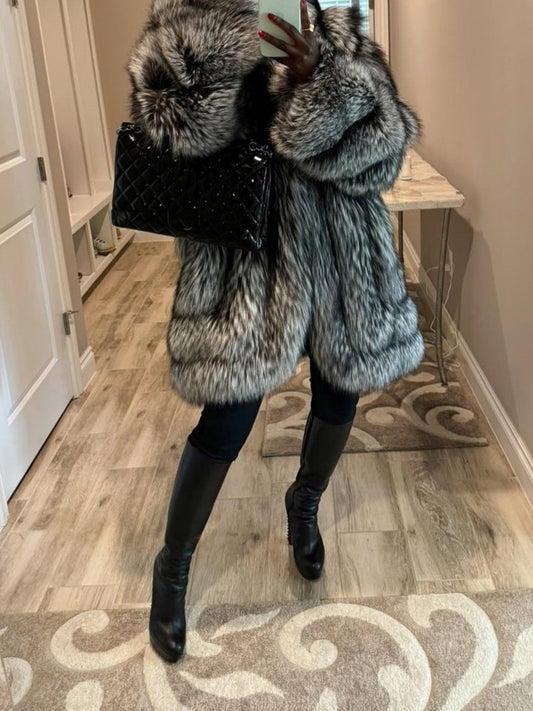Eco-friendly Silver Fox Fur Mid-length Coat