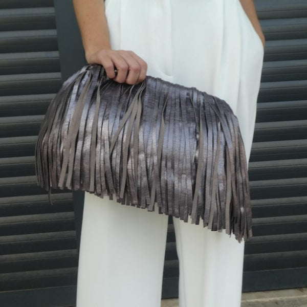Leather Fringed Framed Clutch