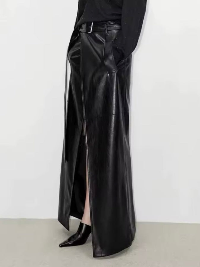 Slit-front Leather Maxi Skirt