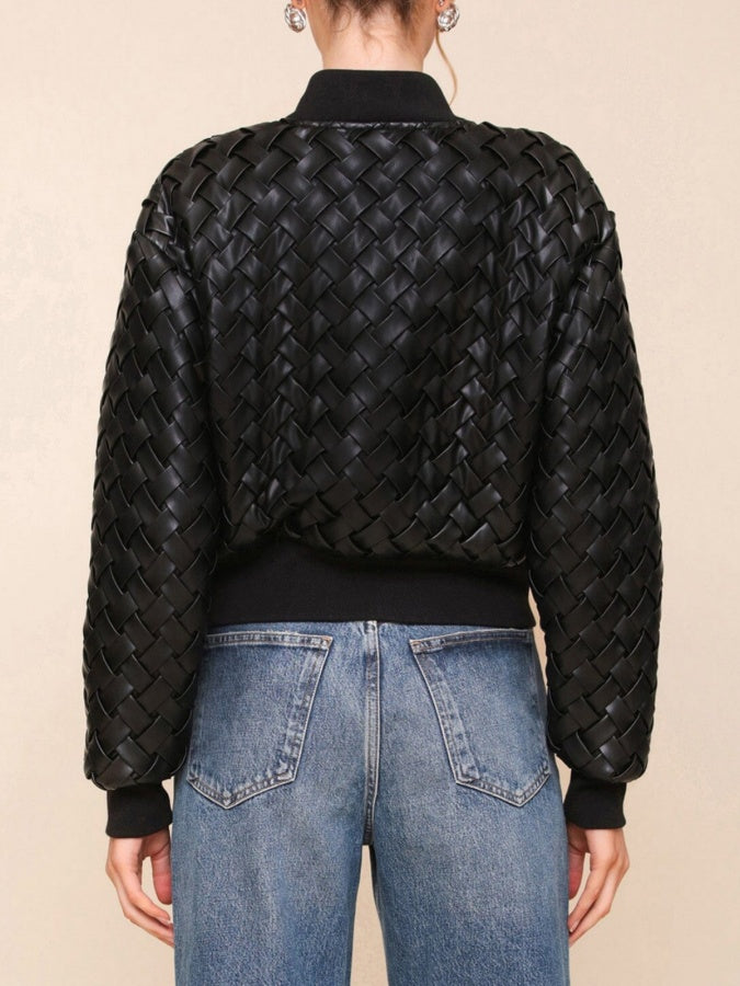 Woven Faux Leather Bomber Jacket