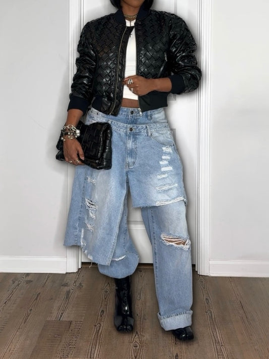 Woven Faux Leather Bomber Jacket