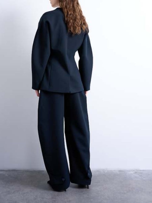 Navy Barrel Leg Tailored Trousers