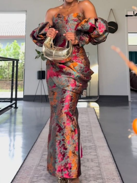 Flower-bud Sleeve Gown Dress