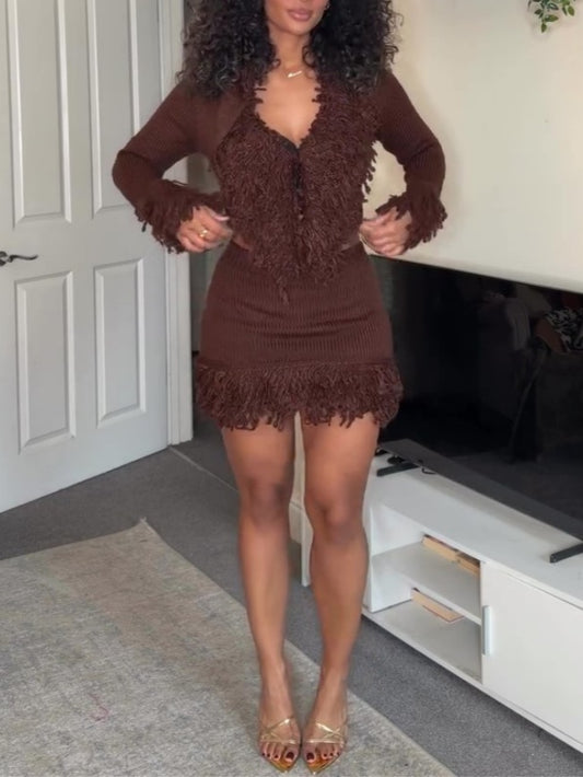 Fringe Cardigan Skirt Set