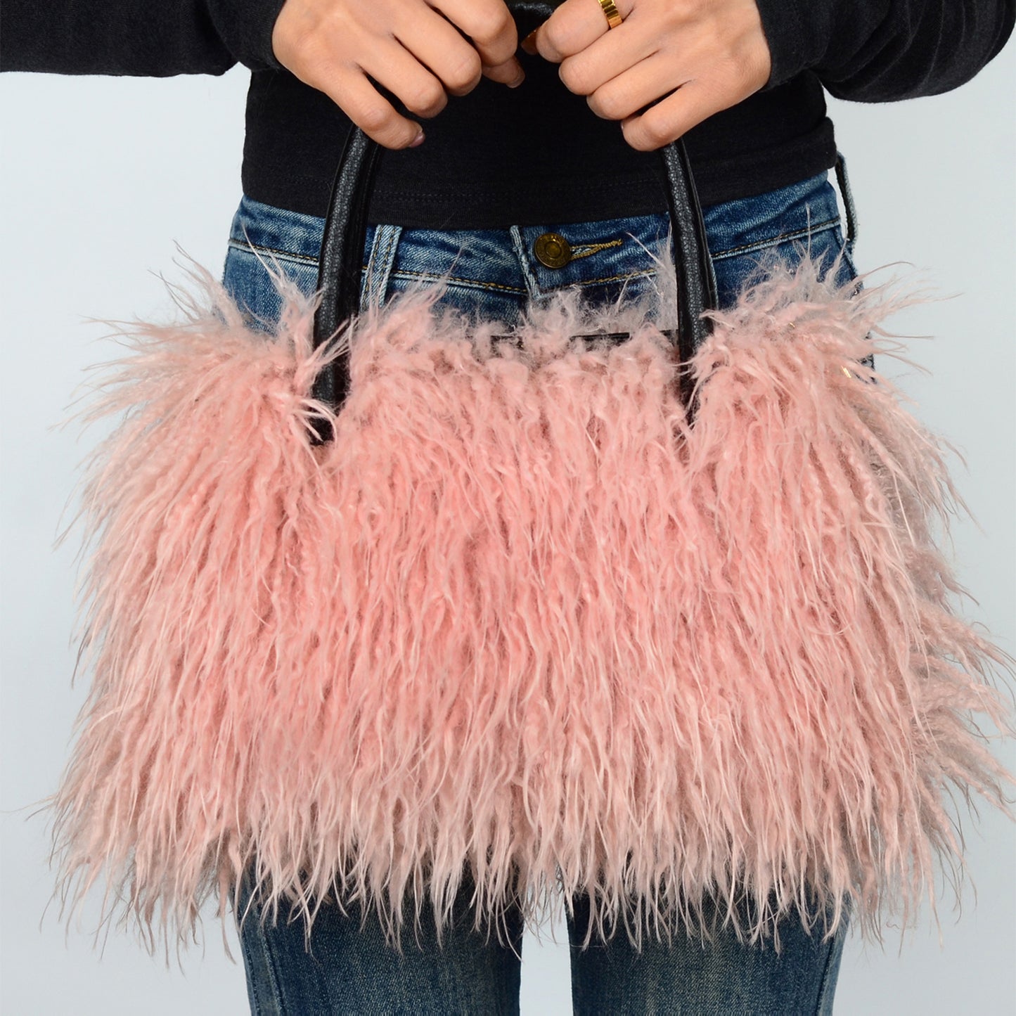 Imitation Wool Tote Bag With Genuine Leather Handles Handbag