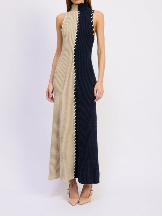 Split Color Block Turtleneck Sweater Dress