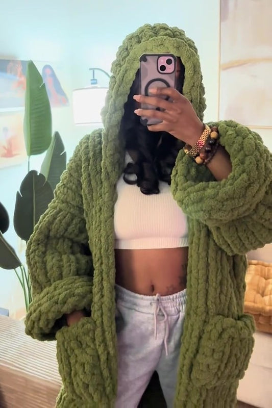 Hand-knitted Hooded Cardigan With Pockets