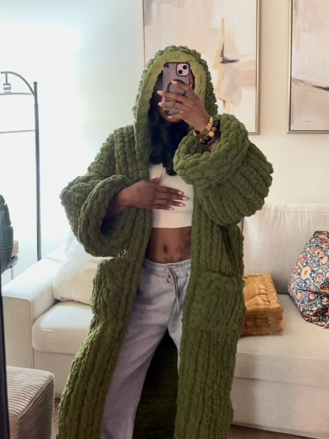 Hand-knitted Hooded Cardigan With Pockets