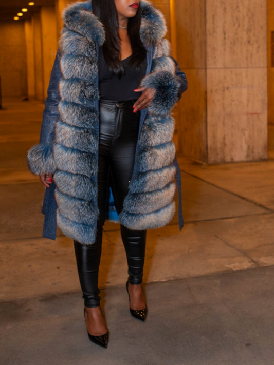 Blue Patchwork Mid-length Fox Fur Coat
