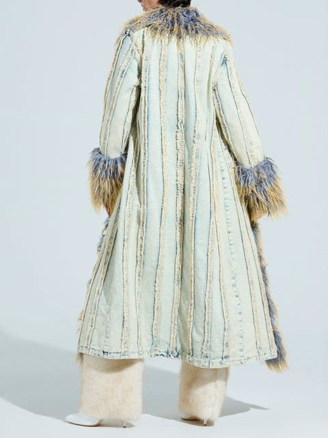 Denim Trench Coat With Fur Collar