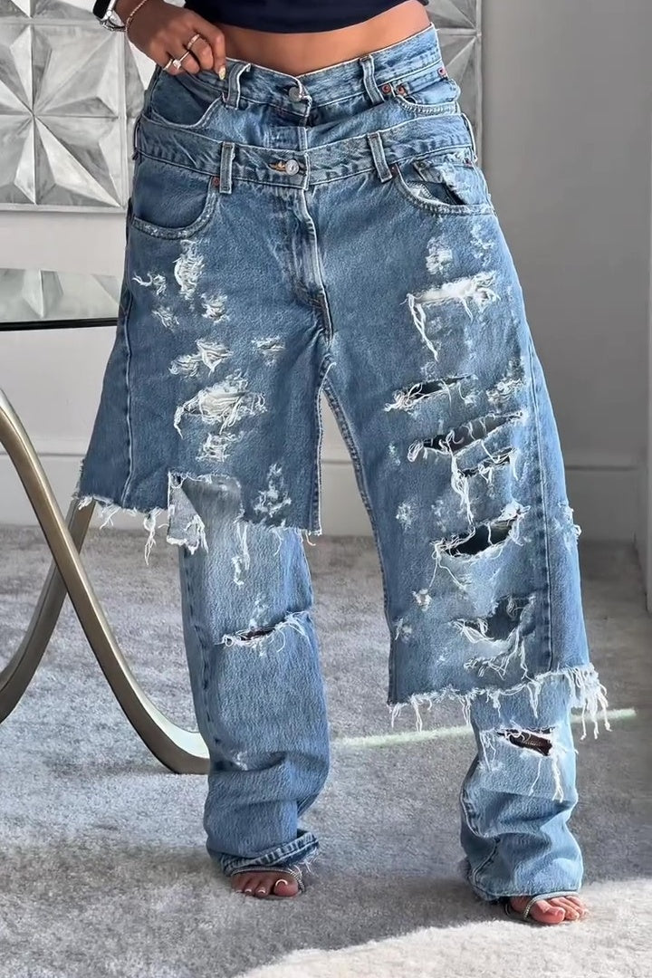 Double waisted ripped wide leg jeans