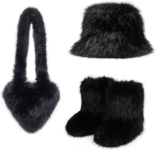 Women's Faux Fur Snow Boots Fur Purse Furry Bucket Hat Set