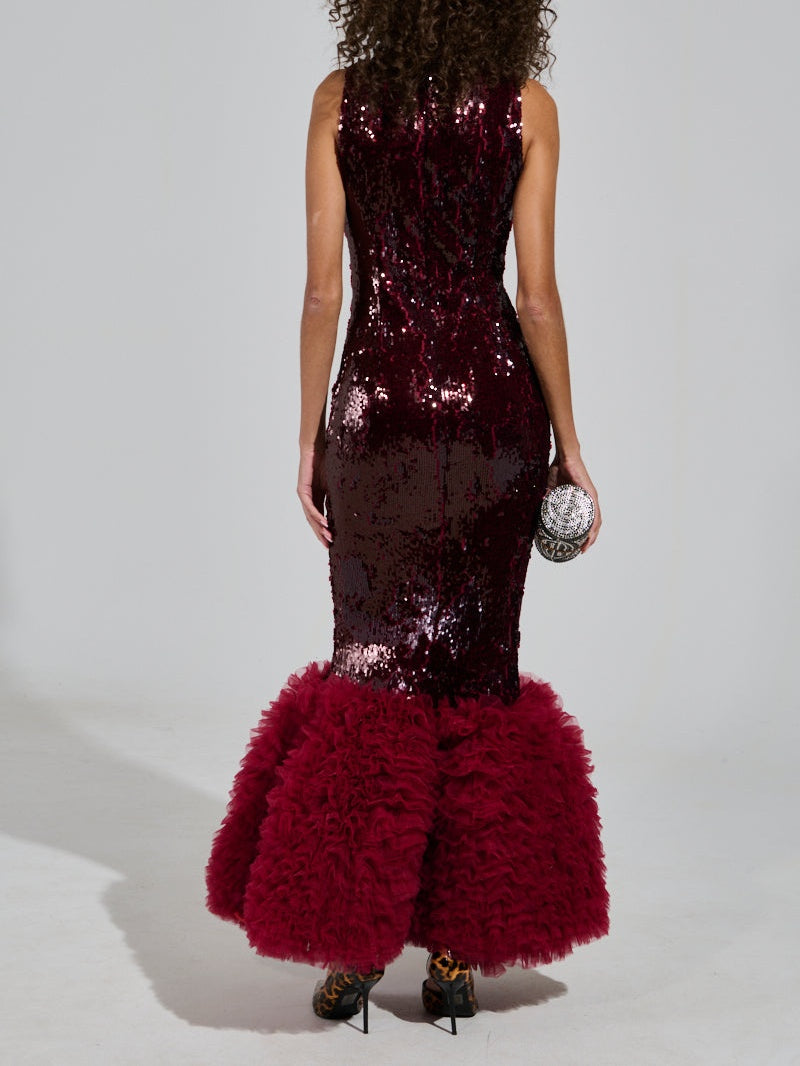 Sequined Ruffled Hem Party Maxi Dress