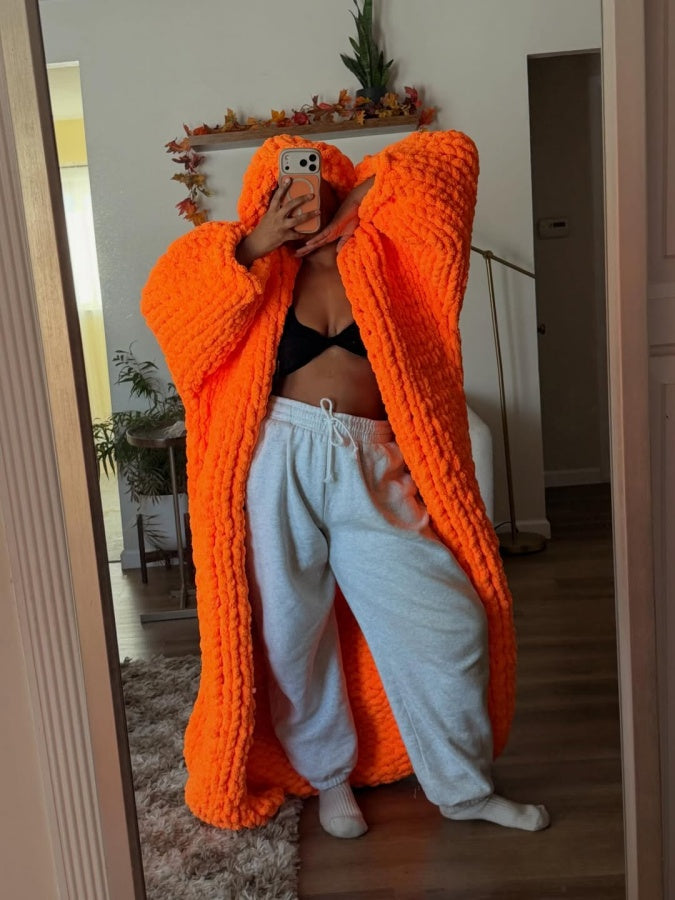 Orange Knitted Cardigan And Hat Set