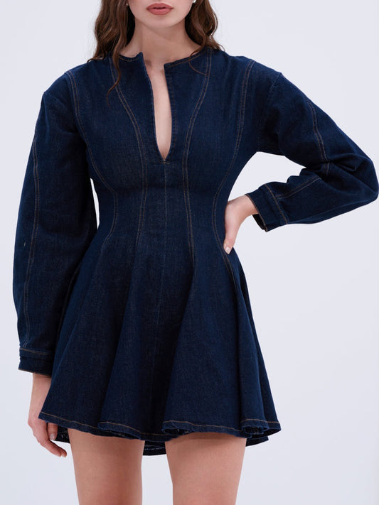 Deep V Denim Mini Dress